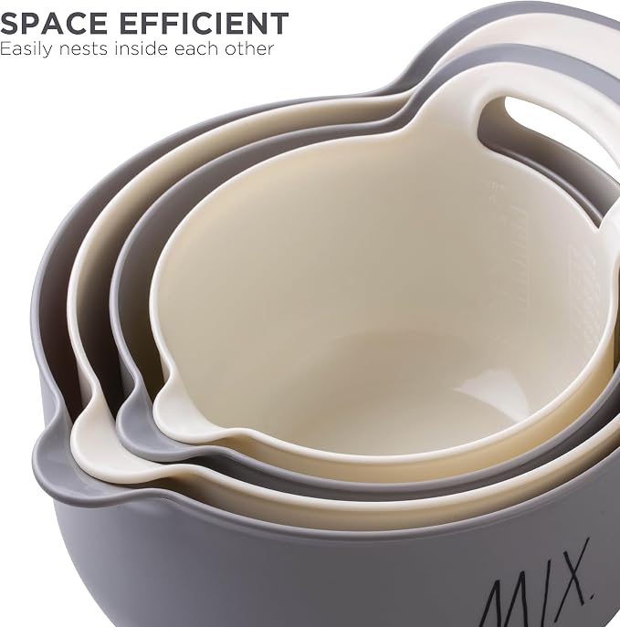 Rae Dunn Non-Slip Mixing Bowls - 4 Piece Nesting Plastic Mixing Bowl Set with Pour Spouts and Handles-Measurement Markings (Grey) - Image 6