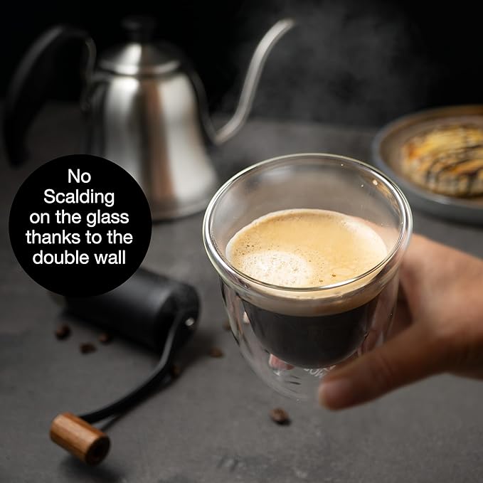 Moritz & Moritz Double Walled Coffee Glasses Set of 6-250ml Insulated Cups for Cappuccino, Tea, Hot & Cold Drinks - Dishwasher Safe, Heat Resistant, Clear Glass Mugs