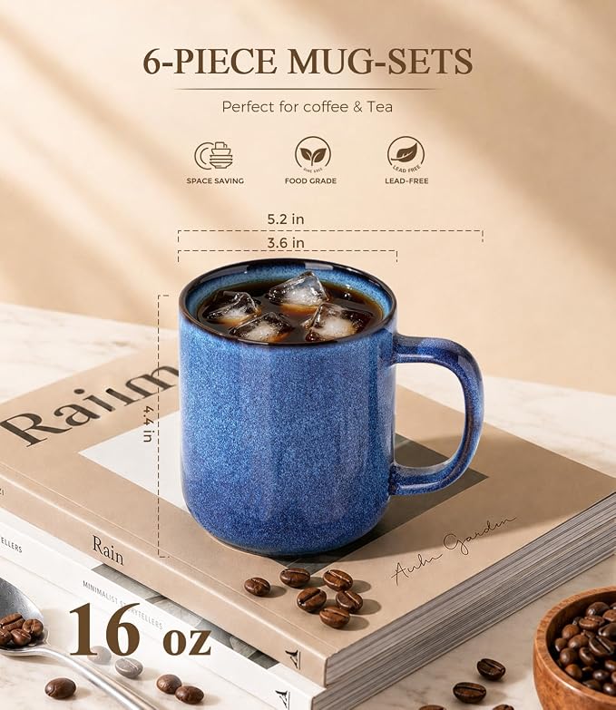 GBhome Large Coffee Mugs Set of 6, 16oz Handmade Coffee Mugs Set with Large Handle for Cappuccino/Latte/Tea/Hot Cocoa, Dishwasher & Microwave Safe-Sea Blue - Image 2