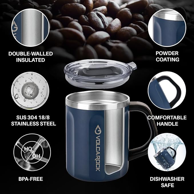 16 oz Stainless Steel Coffee Mug Cup with Handle, 16 oz Double Wall Vacuum Insulated Travel Mug Tumbler With Clear Slider Lid, Insulated Camping Tea Flask for Hot & Cold Drinks (Navy Blue) - Image 3