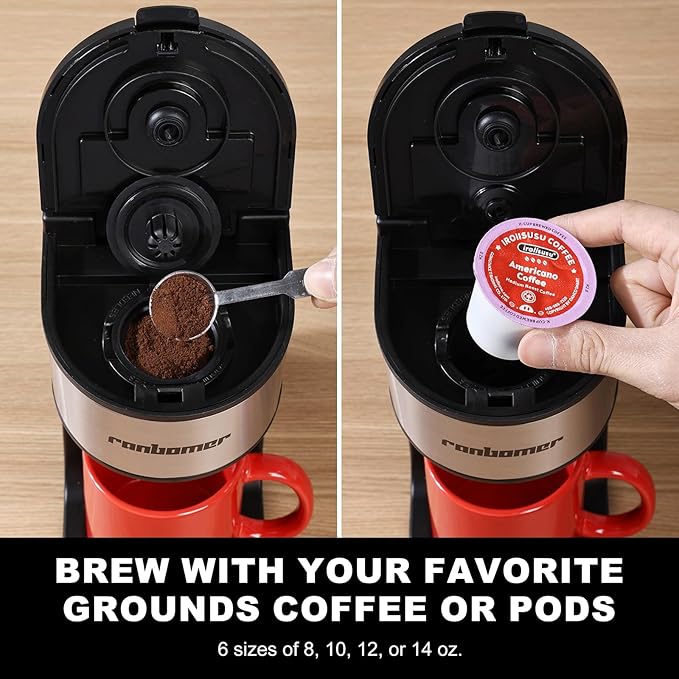 Ranbomer K Cup Coffee Maker, Single Serve coffee machine or Ground Coffee Machine 2 in 1, 6 to 14 Oz Brew Sizes, Mini One Cup Coffee Maker with Self cleaning Function (Black) - Image 4