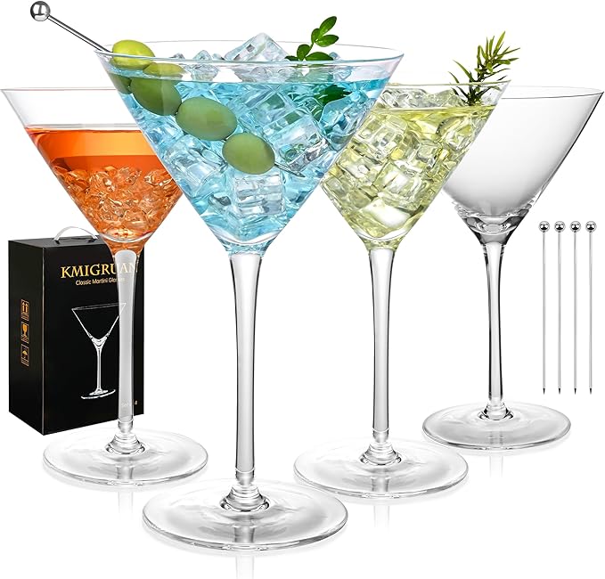 KMIGRUAN 10oz Large Martini Glasses Set of 4,Classic Crystal Cocktail Glasses,Hand Blown Martini Glass for Espresso Martini, Cosmopolitan, Manhattan, Home Bar Gift Set by KMIGRUAN