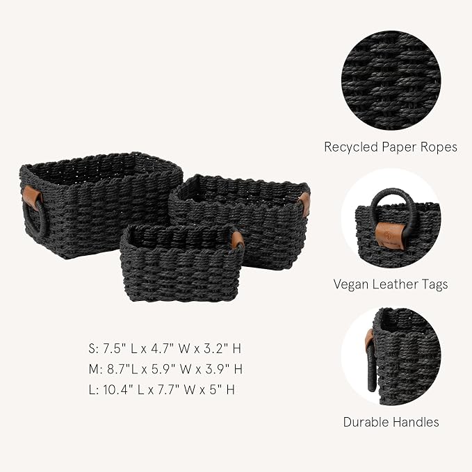 LA JOLIE MUSE Small Wicker Baskets for Organizing, Black 3 Pack | Decorative Organizer with Vegan Leather Tag, Round Handle, Storage Baskets for Shelves, Bedroom, Kitchen, Office and Home - Image 2