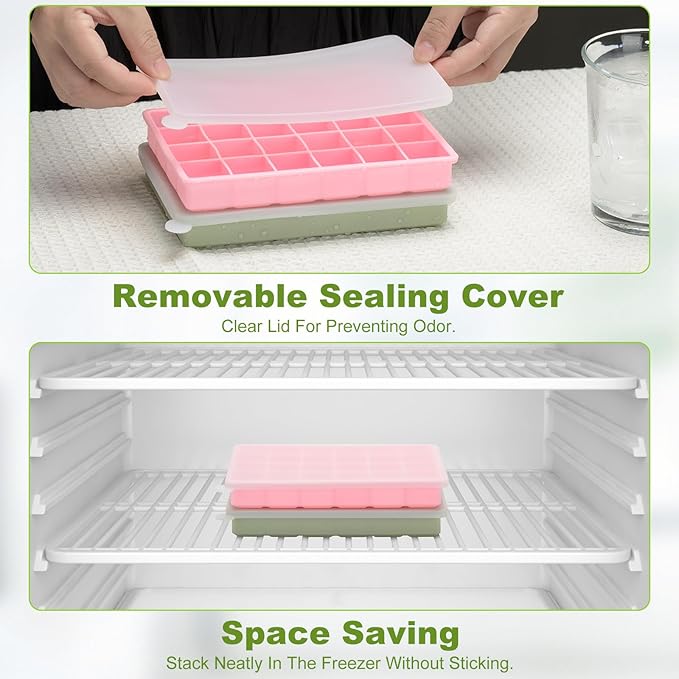 Silicone Ice Cube Tray, Easy Release Flexible Ice Cube Tray with Removable Lid, 24 Ice Cub Per Tray for Whiskey, Freezer, Cocktail, Reusable & BPA Free (Pink+Green)