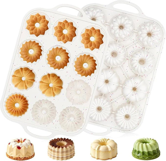 Vinino 3 Inch Mini Fluted Cake Pan, 2 Pack with Metal Frame | 4 Shapes 12 Cavity Mini Cake Mold Set for Batch Baking, Flan, Jello, Pudding, Brownies & Desserts by VININO