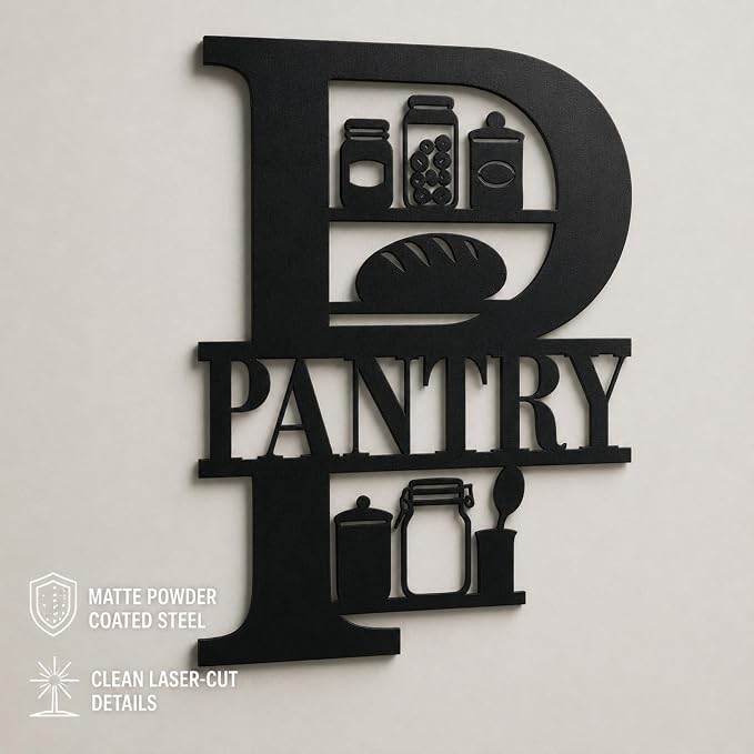 Pantry Metal Wall Decor, Farmhouse Kitchen Pantry Sign, 14 Inch | 14-inch matte black metal pantry sign with pre-drilled holes for farmhouse, rustic, modern, or industrial kitchen decor. - Image 8