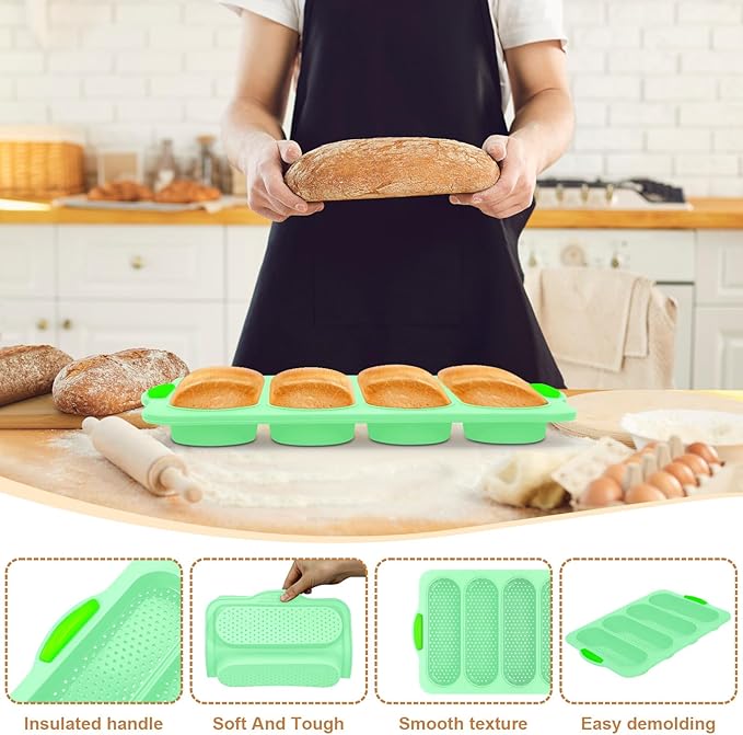 Silicone Bread Loaf Pan, 4-cavity Non-Stick Baguette Bread Pan Heat Resistant Hot Dog Bun Mold, for Sub Roll Baking Pan Bread Pans for Homemade Bread（Aqua Green）