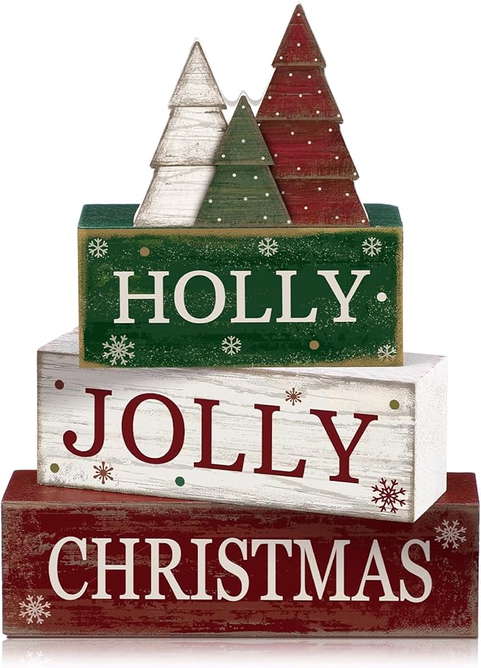 Moucuny 4 Pcs Christmas Table Decorations Rustic Christmas Tree Stacked Wooden Decor Holly Xmas Tree Block Signs Gift Red Green and White Winter Tiered Tray Decor Farmhouse for Home Xmas Party Kitchen by Moucuny