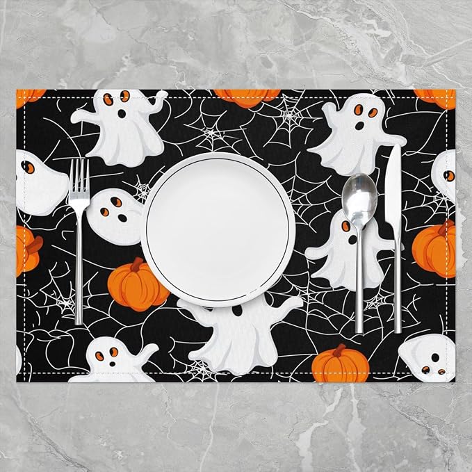 Feelyou Happy Halloween Placemats Set of 4 Cute Ghost Table Mats for Party Kitchen Dining Decoration Orange White Place Mat for Table Holiday Decor Indoor Outdoor 18"x12" Pumpkin Lantern Cobweb - Image 2