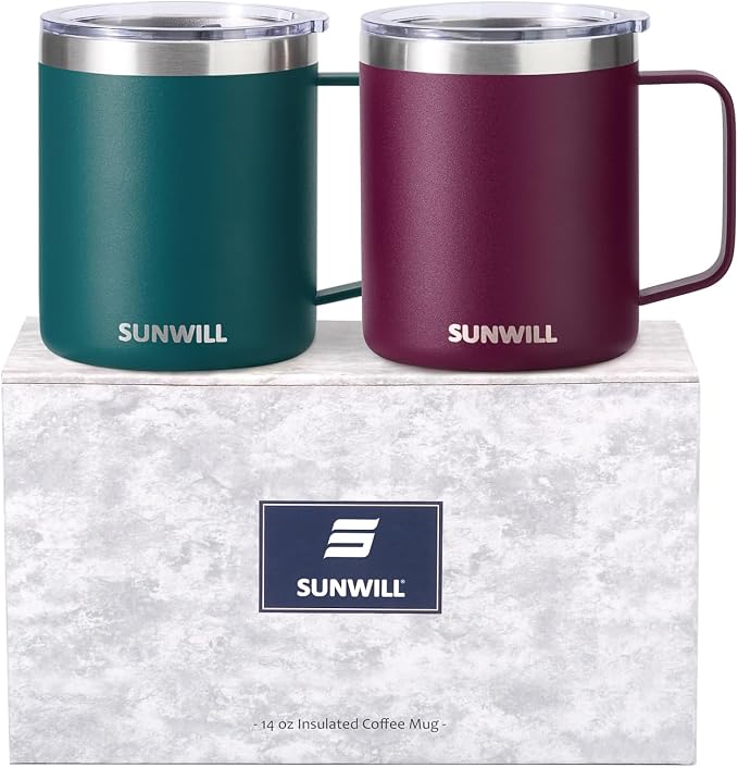 SUNWILL Travel Coffee Mug Set of 2, Insulated Tumbler with Lid, 14 oz Stainless Steel Cup with Handle for Camping, Office, Home, Powder Coated Forest Green & Plum by SUNWILL