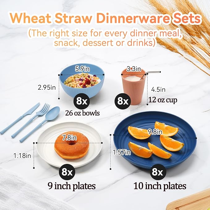 Wheat Straw Dinnerware Sets,64-Piece Plates and Bowls Sets for 8-Unbreakable,Reusable Plastic Dish Set-Dinner Plate/Dessert Plate/Cereal Bowl/Cup/Utensils-Microwavable Dishwasher Safe 64P-Deep Gray - Image 2