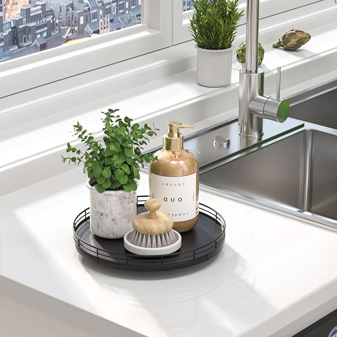 Oroyutor 10-Inch Oak Lazy Susan Countertop Organizer with Black Metal Rail | Rotating oak tray organizes spices, toiletries and decor on kitchen counters, bathroom vanities, dining and coffee tables. - Image 7