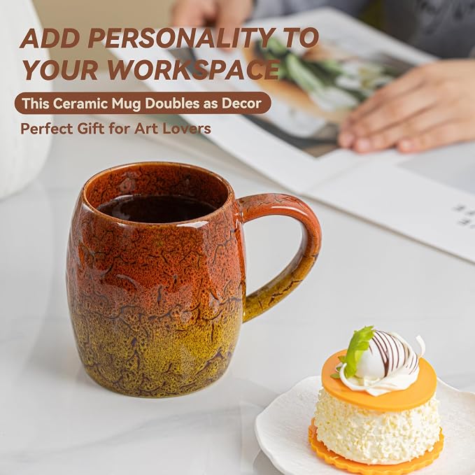 Handmade 22oz Ceramic Coffee Mug, Ergonomic Large Handle, Ideal Gift for Coffee Lovers, Microwave & Dishwasher Safe (Bas-Relief - Orange&Yellow) - Image 4