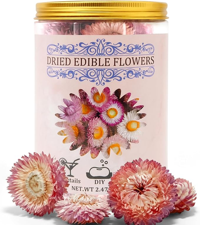 90+ Food Grade Pink Flowers for Cake and Cocktails Decorating – Culinary-Grade Dried Pink & White Strawflowers for Garnish, Baking, and Drink Toppers by Andekas