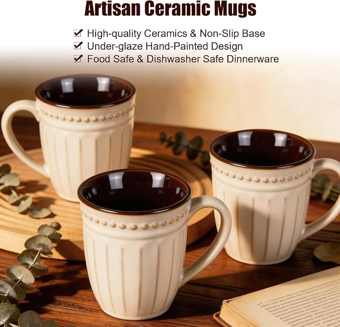 12oz French Perle Groove Ceramic Mugs Set of 4, Off White Pearl Texture, Dishwasher Microwave Oven Safe, for Latte, Cappuccino, Tea, Espresso & Hot Cocoa, Ideal Gift for Him, Her, Dad & Mom - Image 5