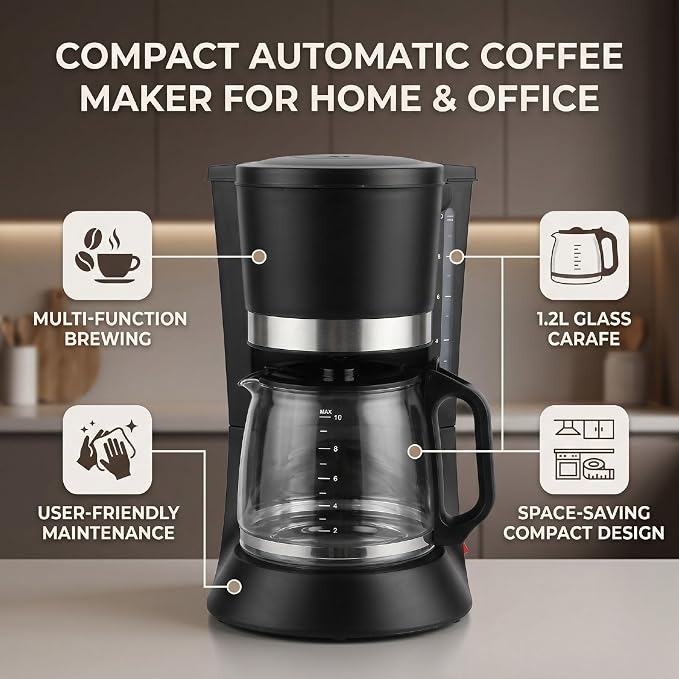 Asixxsix AutomaticCoffeeMaker, 1.2L Glass Carafe Coffee Machine, Removable Glass Coffee Pot, Compact Design, Kitchen Essentials & Accessories - Image 9