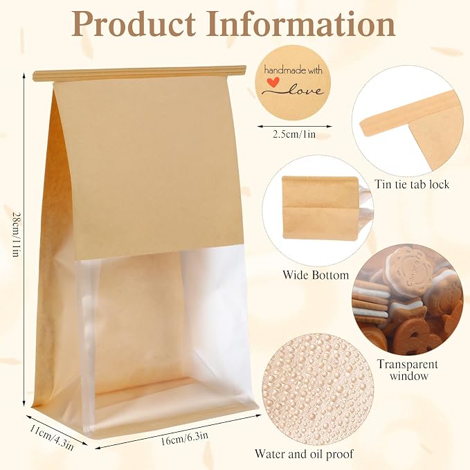 Fullhawl 180 Pcs Bakery Bags with Window, Kraft Paper Cookie Bags with Tin Tie for Sourdough, Pastry, Homemade Baked Goods, Storage Packaging (11.02 x 6.3 x 4.33 Inches) - Image 3