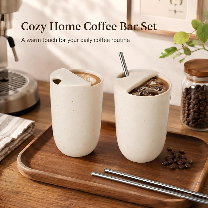 2 Pack Ceramic Coffee Mug with Sip Hole 9.5oz Retro Espresso Cup Travel Mug Hand-painted Porcelain Coffee Tea Cup Novelty for Kitchen Milk Juice Cappuccino Latte (Beige) - Image 6