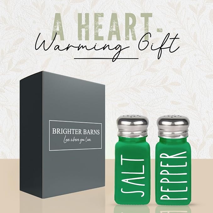Green Salt and Pepper Shakers Set by Brighter Barns - Modern Farmhouse Kitchen Decor for Home, Restaurants, Airbnb - Cute Kitchen Decor and Accessories - Glass Shakers & Stainless Steel Lids (Green) - Image 5