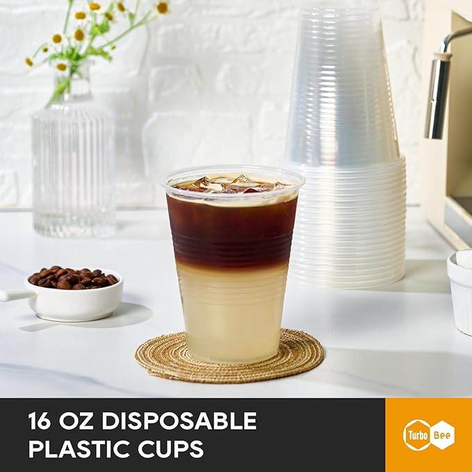 Turbo Bee 16 oz Clear Plastic Cups, 300 Count Disposable Party Cups for Beer, Soda & Iced Drinks, Bulk Cups for Barbecues & Large Gatherings