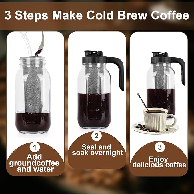Cold Brew Coffee Maker Pitcher, 64 Oz Heavy Duty Glass Mason Jar Pitcher with V-shaped Pour Spout Handle Lid,Stainless Steel Filter for Iced Coffee,Iced tea,Fruit Drinks,lemonade - Black
