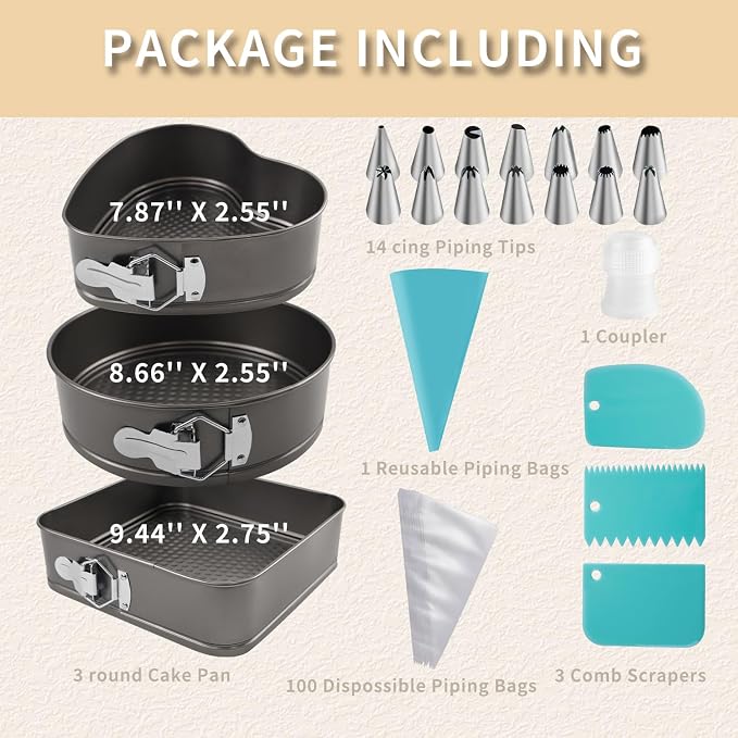 Springform Cake Pans Set 8, 9,10 Inch Heart Pan Round Cake Pan Square Baking Nonstick Cheesecake Pans Springform Pans with 100 Pcs Piping Bags, 16 Pcs Nozzles, 3 Pcs Scrappers - Image 3