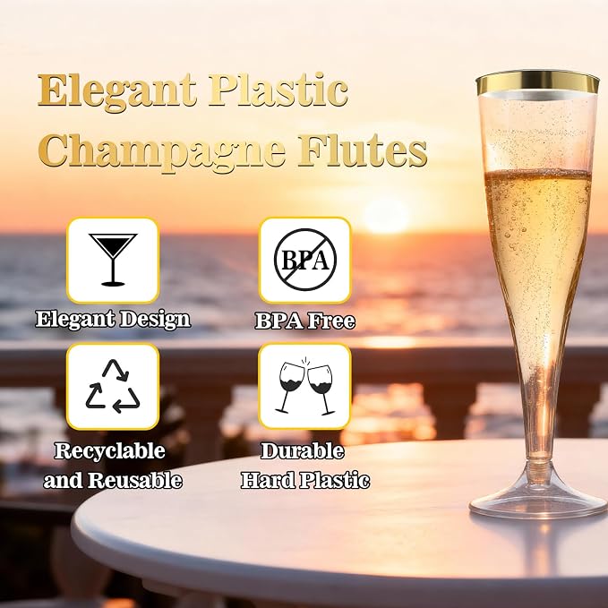Bestluck 100 Pack 4.5 oz Gold Glitter Champagne Flutes Plastic | Plastic Disposable Stemware with Gold Rim, Disposable Champagne Flutes for Party, Mimosa Bar, Wedding, Anniversary - Image 4