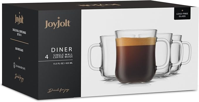 JoyJolt Glass Coffee Cups - 15.5oz Diner Coffee Mug Set of 4. Clear Coffee Mugs, Cappuccino & Latte Glasses - Image 8