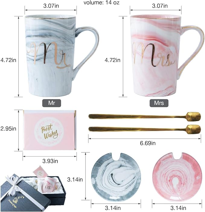 Jumway Wedding Gifts for Bride and Groom, Gifts for Bridal Shower Engagement Wedding and Married Couples Anniversary - Ceramic Marble Coffee Mugs with Real Gold Mr/Mrs Letters 14 Oz Pink - Image 2
