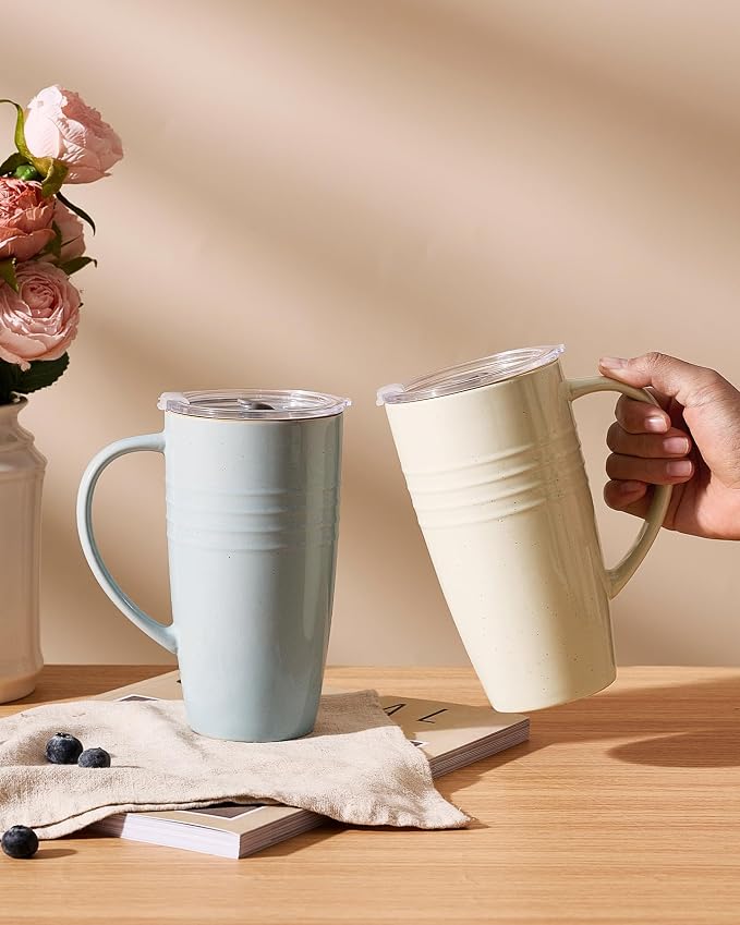 famiware Jupiter Large Coffee Mug, 20oz Coffee Mug with Lid, Ceramic Mugs Set of 4, Cup Set with Handle for Latte, Tea, Cocoa, Milk, Microwave and Dishwasher Safe,Light Blue and Vanilla White - Image 2
