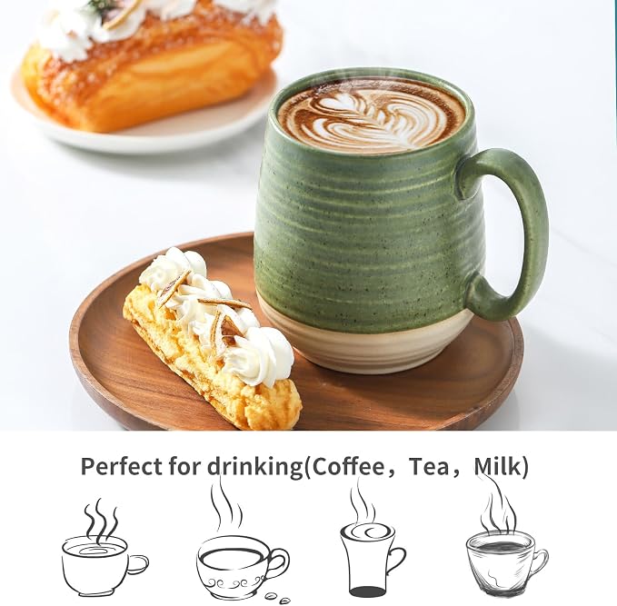 HASENSE 20 oz Coffee Mug, Large Green and Beige Stoneware Cup, Oversized Ceramic Tea Mug with Ergonomic Handle, Microwave and Dishwasher Safe, Perfect for Coffee, Tea, Soup, Hot Cocoa - Image 4