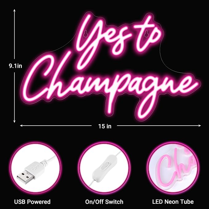 Kavaas Yes to Champagne Neon Sign 15" x 9.1", Neon Bar Signs for Home Bar Decor, Man Cave Pub Party - Best Gifts for Champagne Lover, Birthday, Christmas - Image 3