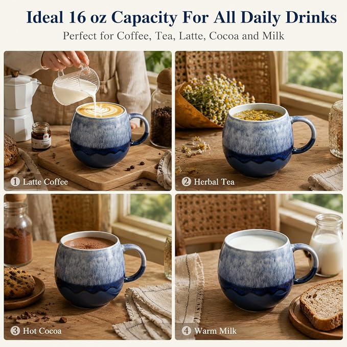 Ceramic Coffee Mug, Coffee Mug Set of 4,16 oz Coffee Cups | Stoneware Latte Cups for Tea & Cappuccino, Unique Holiday Gifts with Compact Ergonomic Small Handle, Aesthetic Nordic Design - Image 3