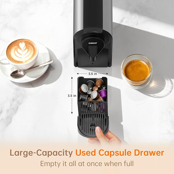 CHULUX Bafè-Pro Espresso Maker for Nes Pod, 20 Bar High Pressure Pump, Gray | 1400W Rapid Heating, Espresso Lungo Buttons, Used Capsule Drawer, Auto-Eject System, 24oz Removable Reservoir, Mini Footprint - Image 6