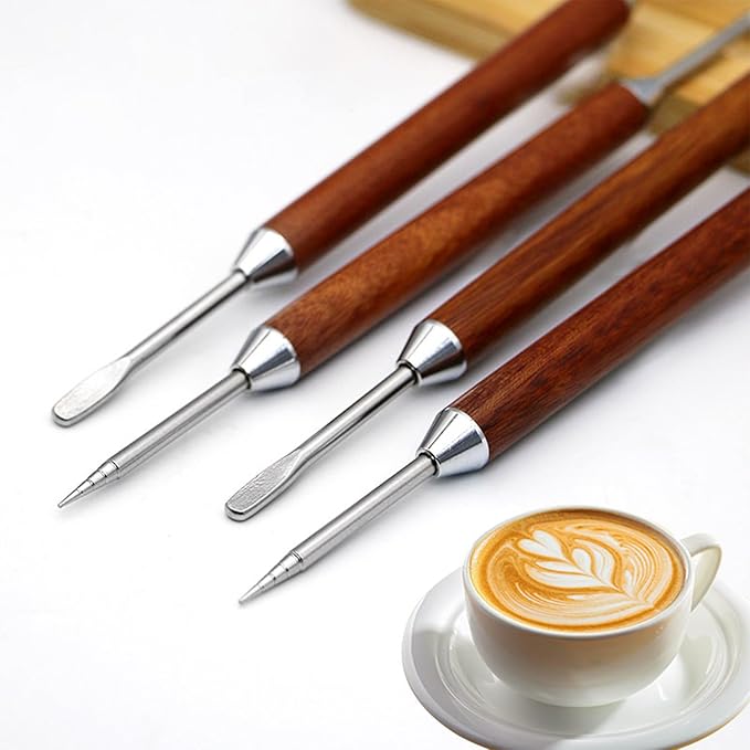 2 PCS Latte Art Pen Cinnamon Pen for Coffee,Stainless Steel Coffee Art Pen Coffee Fancy Stitch,Dual-Ended Latte Art Pen,Barista Coffee Latte Art Tools, Coffee Latte Needle with Wood Handle