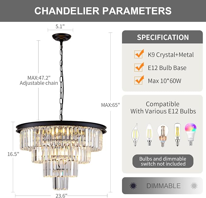 10 Light Black Crystal Chandelier 24'' Modern Round Chandeliers for Dining Room Contemporary Ceiling Pendant Light Fixture 4-Tier Adjustable Height E12 for Living Room Foyer Entryway - Image 3