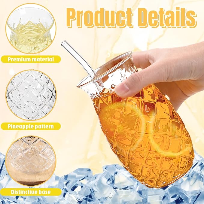 6 Pack Pineapple Drinking Glasses with Straws, 17 Oz Cocktail Cups | Clear Pina Colada Glass Bottles, Retro Relief Pineapple Cups Glassware Set for Cocktail, Juice, Water, Milk - Image 3