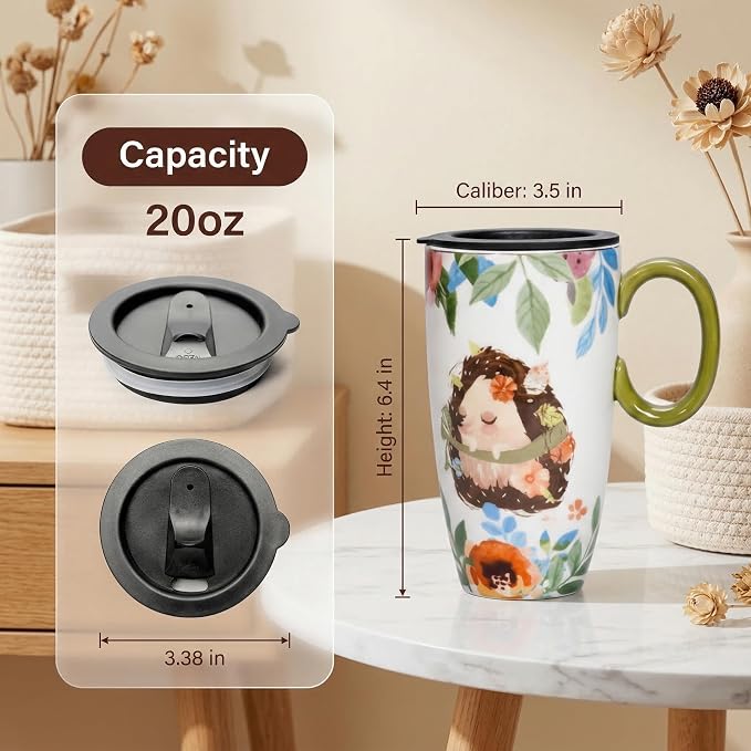 Ceramic Travel Mug with Lid - Tall Coffee Mugs with Handle, Porcelain Coffee & Tea Cup, Cute Hedgehog Design, Christmas Birthday Gifts for Women Man 20oz - Image 2