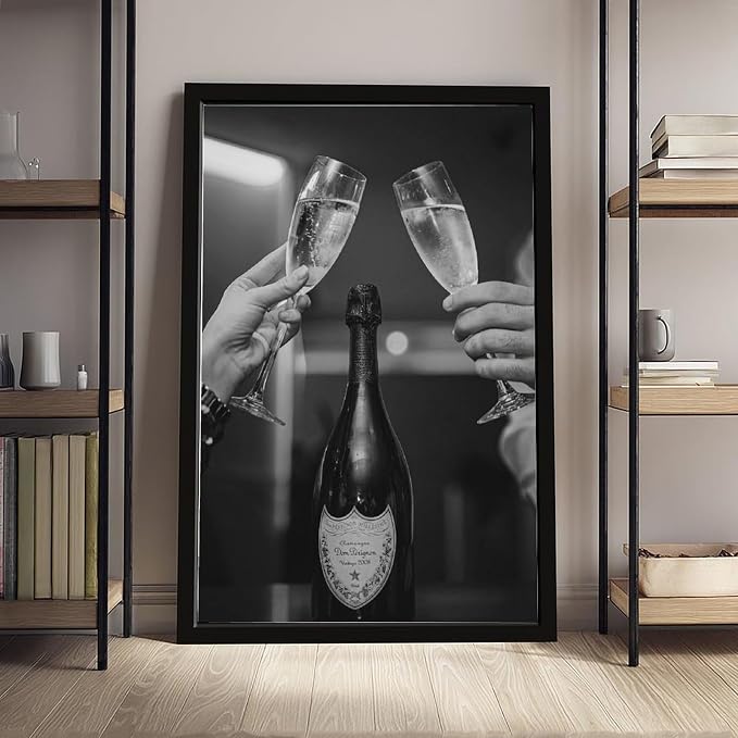 Champagne Cheers, Celebration , Two Glasses Cheers, Black And White , Alcohol Poster, Retro Party Wall Decor Canvas Poster Bedroom Decor Sports Landscape Office Room Decor Gift Black Frame 24x36in(60x - Image 3
