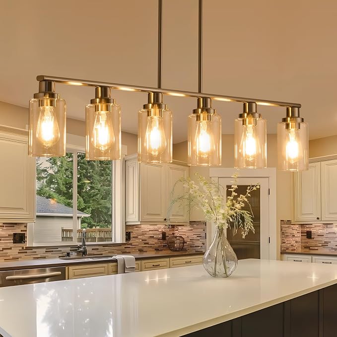 Dining Room Light Fixtures Over Table,6-Light Farmhouse Kitchen Island Lighting,44.3'' Linear Chandelier Pendant Lighting for Kitchen Island for Brushed Nickel Finish with Clear Glass Shade - Image 6