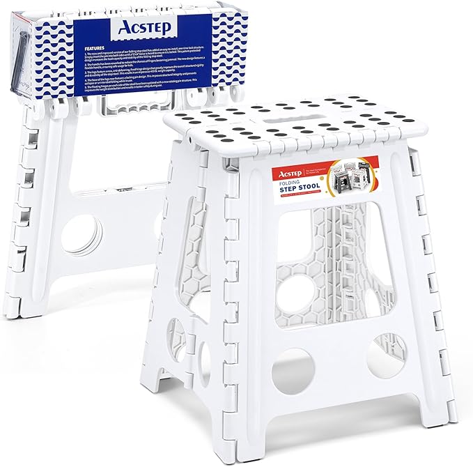 ACSTEP 16 Inch Folding Step Stool, Heavy Duty, 400 lbs, White | Lightweight Collapsible Stepping Stool for Adults with Handle, Non-Slip, for Kitchen, Bathroom, Bedroom and Outdoor Use by ACSTEP