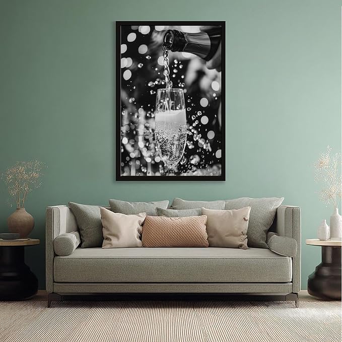 UXCBIA Pouring Champagne, Black And White Art, Wine Glasses Poster, Party, Retro Photography Canvas Poster Bedroom Decor Sports Landscape Office Room Decor Gift Black Frame 12x18in(30x45cm) - Image 5