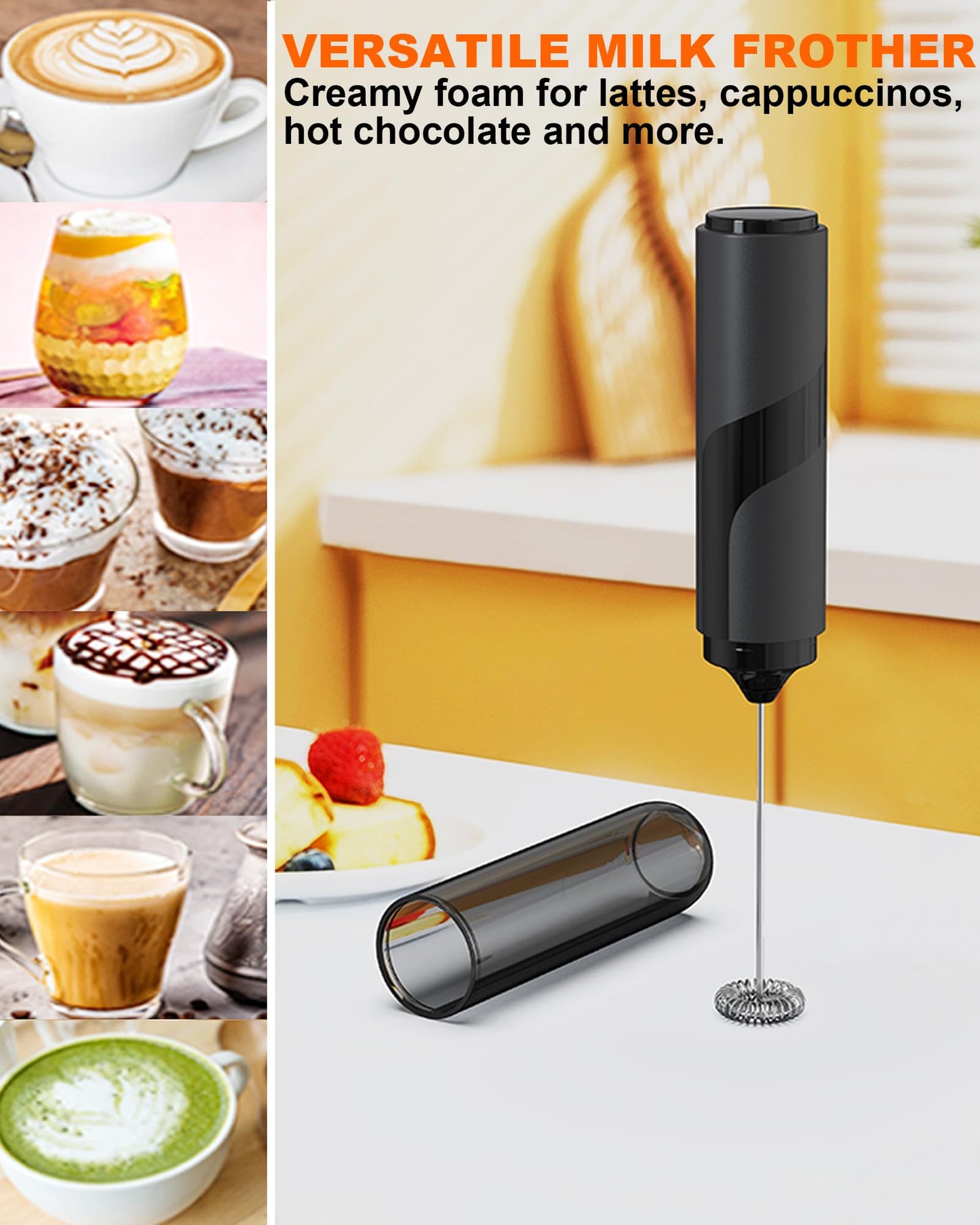 Rechargeable 3-Speed Milk Frother Wand (Black)