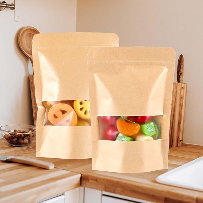 100 PCS Resealable bags, 5.5" x 7.9" Stand Up Paper Bags with Matte Window, Food Storage Bag for Packaging Products, Reusable, Sealable - Image 5