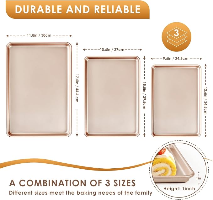 Baking Sheet Pan Set of 3, Nonstick Commercial Cookie Sheets for Baking | Commercial Half/Quarter/Jelly Roll Pans Replacement Toaster Oven Tray, Heavy Duty & Easy Clean - Image 2