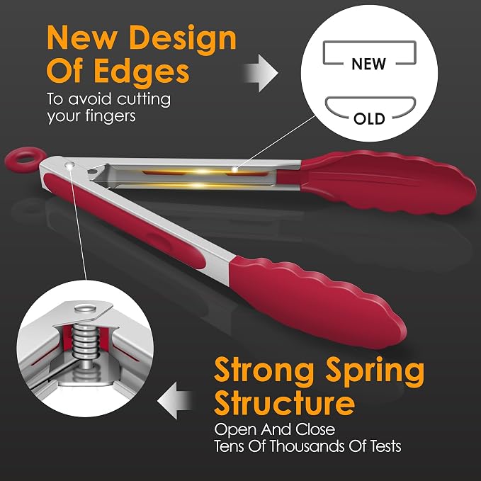 HOTEC Premium Stainless Steel Locking Kitchen Tongs with Silicon Tips, Set of 2-9" and 12"(Red) - Image 6