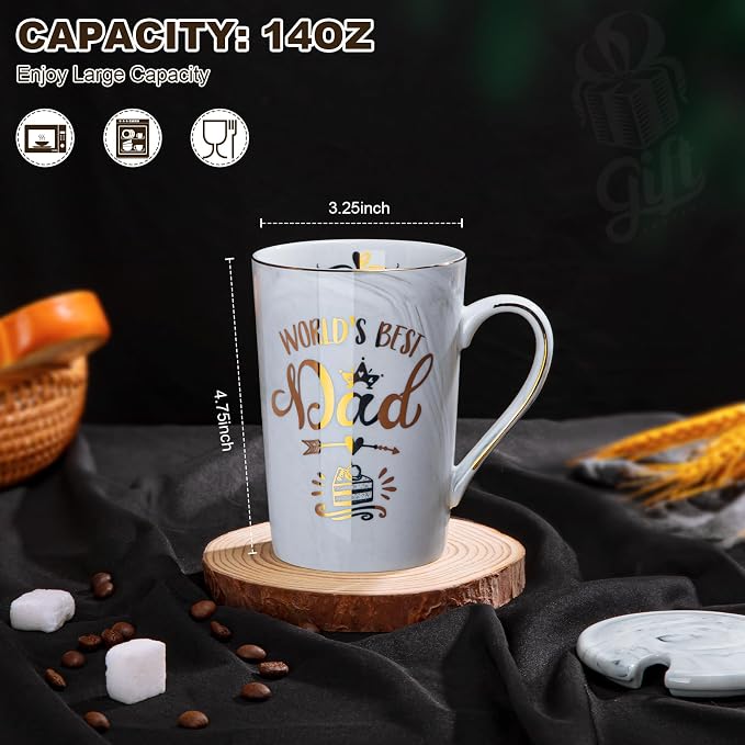 Birthday Gifts Presents for Dad from Daughter Son - World's Best Dad Mug | Funny 14oz Grey Marble Ceramic Coffee Cup with Gold Print, Lid, Spoon, Greeting Card, Nice Gift Box, Fathers Day Daddy Gift - Image 2