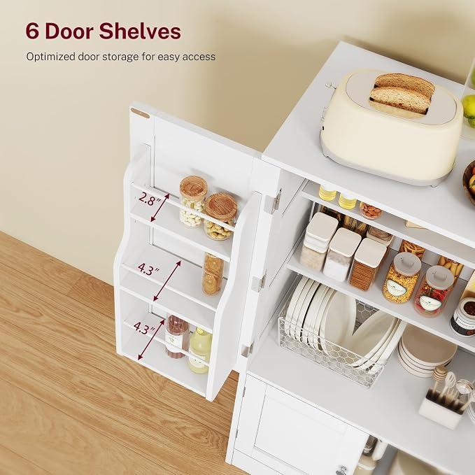 TEENFON 43'H Pantry Cabinet with 4 Doors, Kitchen Cabinet with 6 Door Shelves, Storage Cabinet-Kitchen Pantry for Living Room, Dining Room, Bathroom, White - Image 5