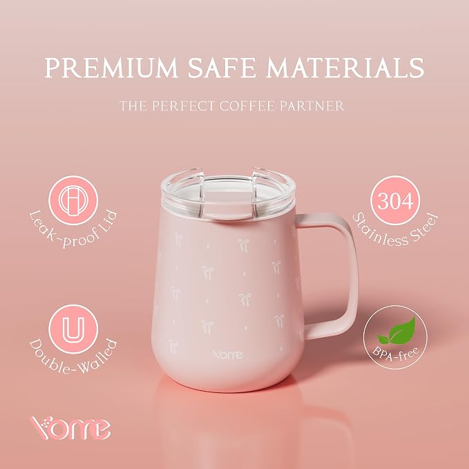 YOME 10oz Bow Light Pink Insulated Coffee Mug with Handle for Women | Ceramic Lined Coffee Mug with Splash-Resistant Lid| Pure Taste Stainless Steel Coffee Cup | Easy to Clean | Keeps Drinks Cold - Image 7