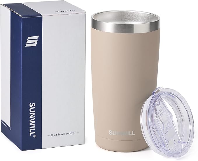 SUNWILL Travel Coffee Tumbler 20 oz, Insulated Mug with Lid, Stainless Steel Cup for Outdoor, Powder Coated Taupe - Image 5